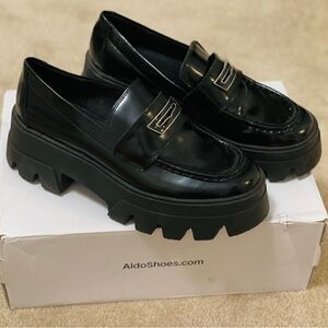 Aldo Glossy Black Platform Loafers - Lug Sole